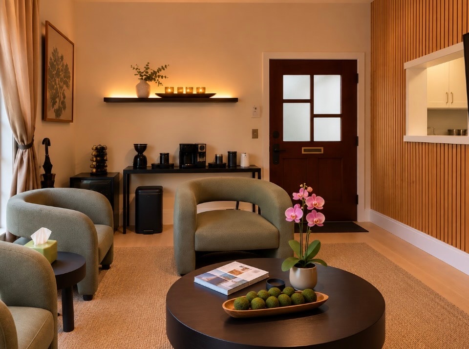 Signature Smiles waiting area with sage armchairs and orchid